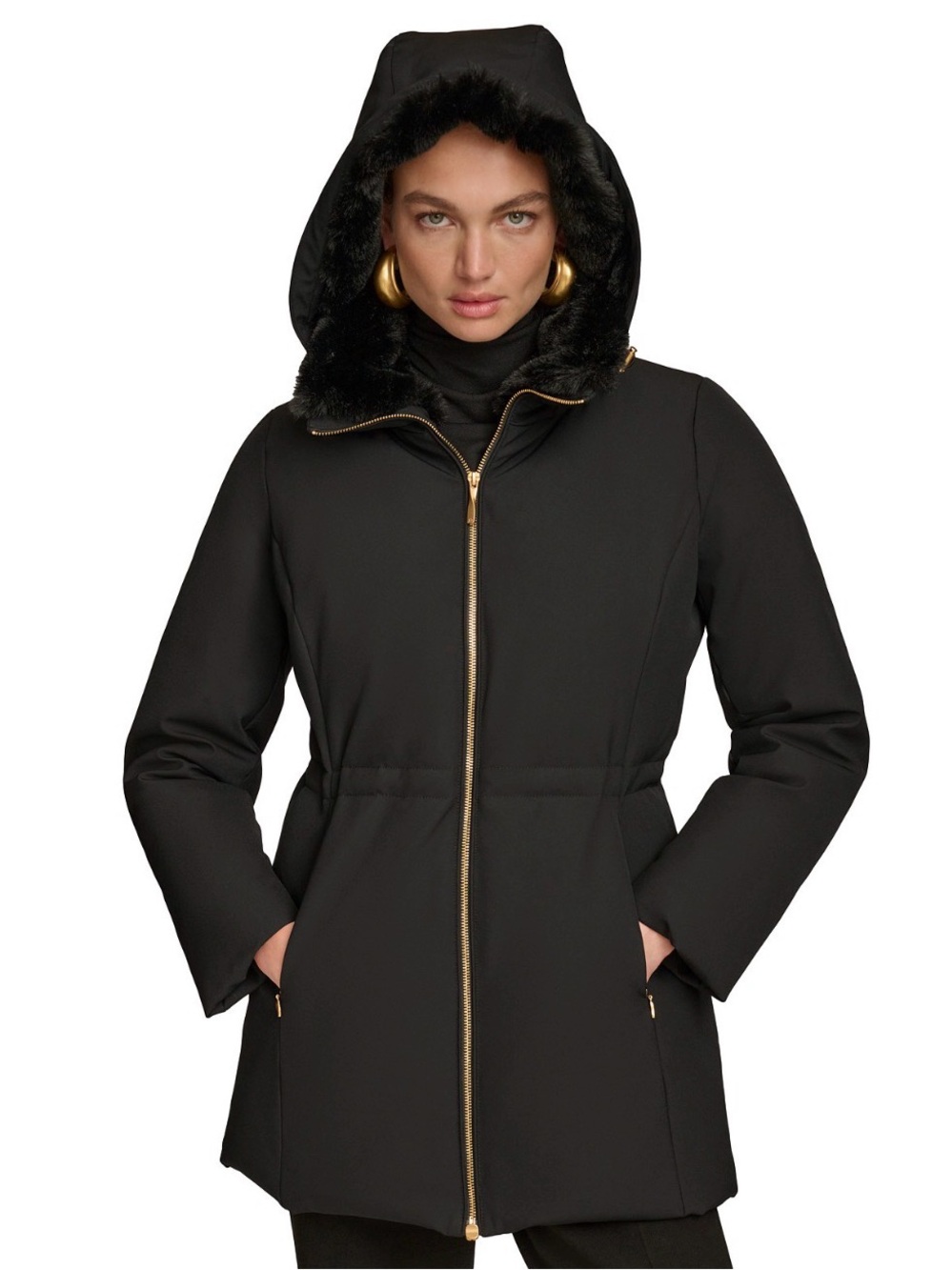 NWT Donna Karan Women's Faux-Fur-Collar Short Puffer Coat. MEDIUM. Black. $259